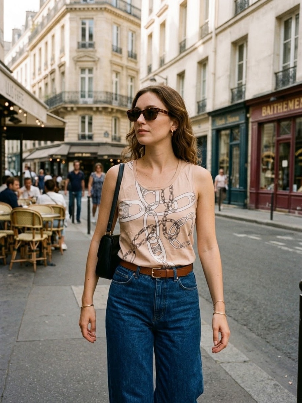 Celine Beige Chain-Print Sleeveless Tank Top fits like Small